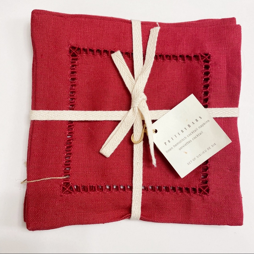 Pottery Barn (6) Linen Hemstitch Cocktail Napkins